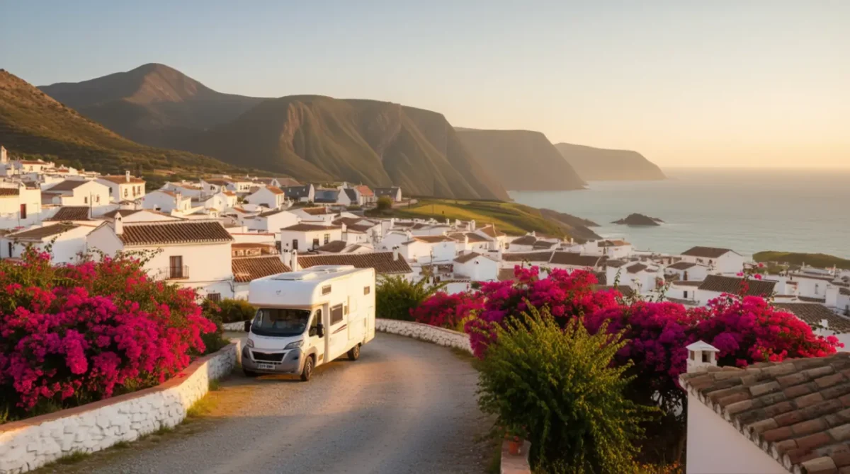 Camper en una zona de pernocta junto a un pueblo blanco andaluz, con montañas al fondo