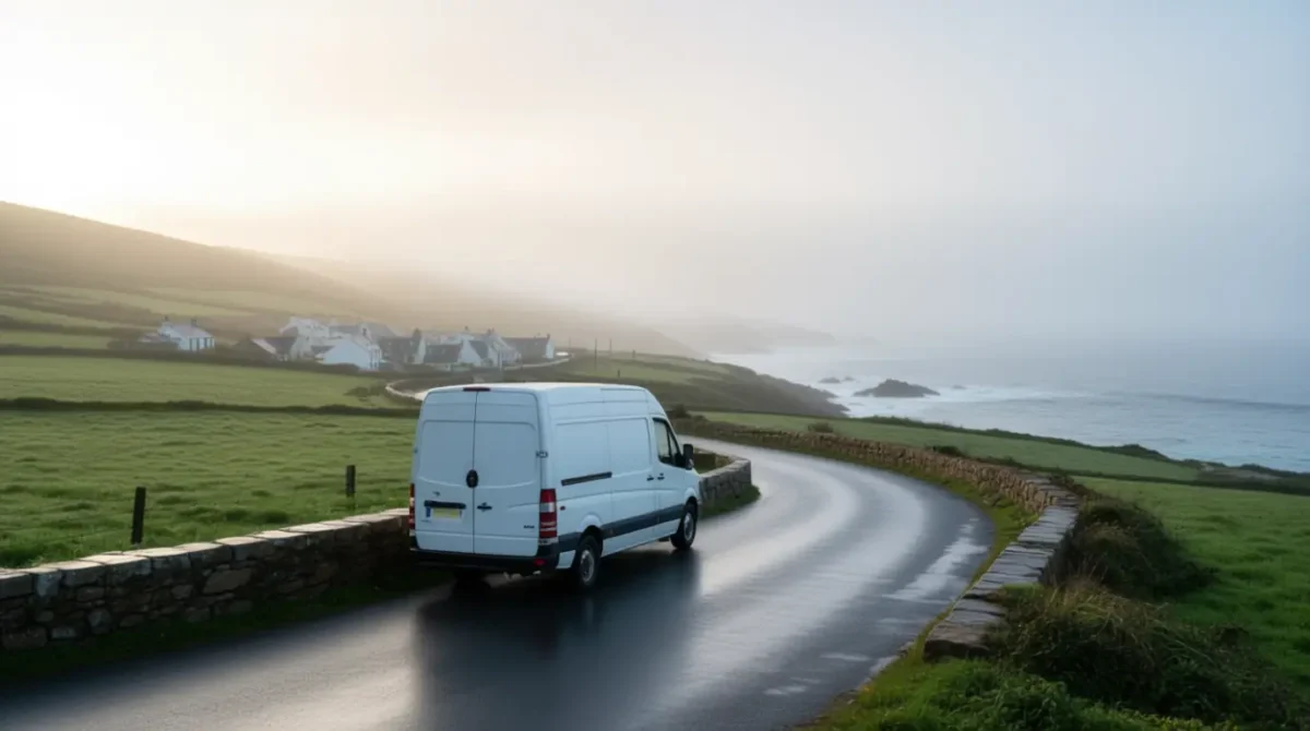 Camper estacionada en la costa de Galicia con áreas de autocaravana cercanas