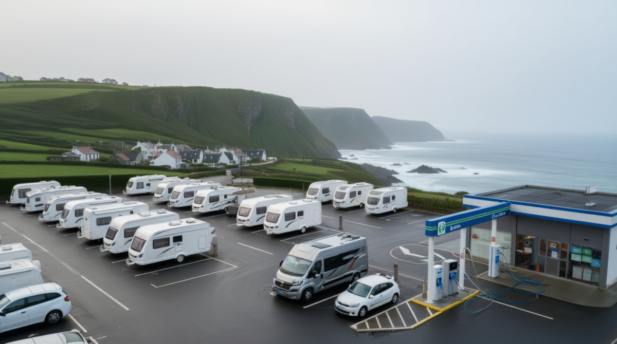 Camper junto a un acantilado verde en el País Vasco, con área de autocaravana bien señalizada